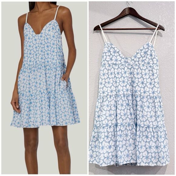 Milly Evelyn Tiered Eyelet Mini Dress Blue Floral Embroidered Spaghetti Straps - Picture 1 of 13